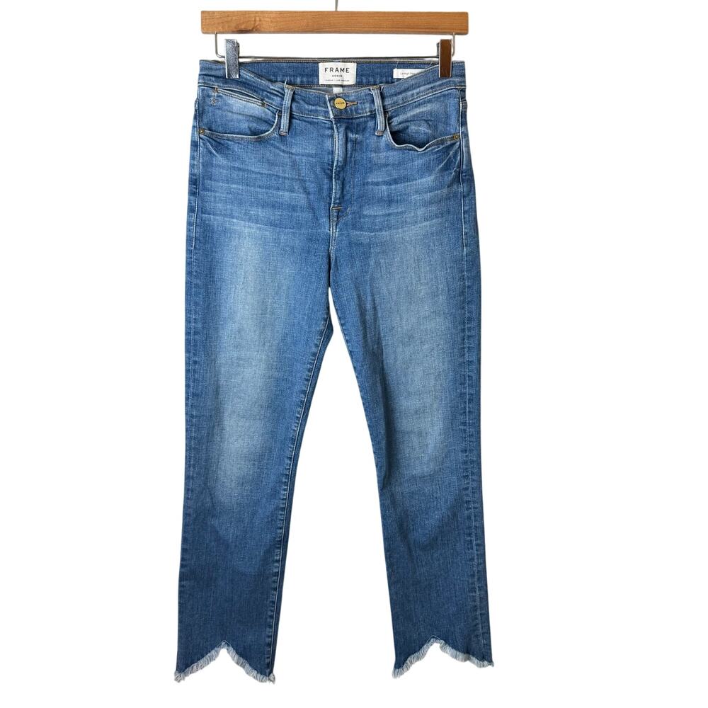 Frame Denim Le High Straight Jeans Womens 28 6 White Chapel Blue Raw Hem Boho